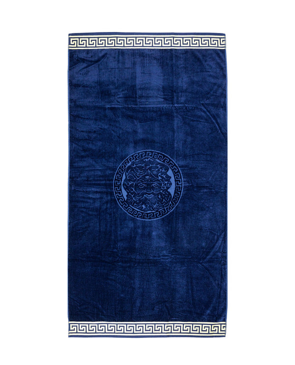 Poseidon Strandtuch XXL Dunkelblau 165x90 cm – griechisches Mäandermuster, 100% Baumwolle, OEKO-TEX