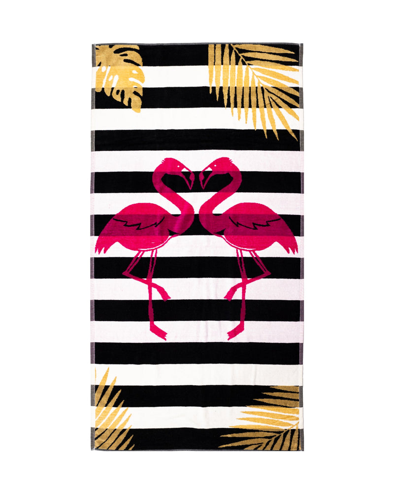 Flamingo Gold Strandtuch XXL Schwarz 165x90 cm – italienisches Flamingo-Streifenmuster, 100% Baumwolle, OEKO-TEX