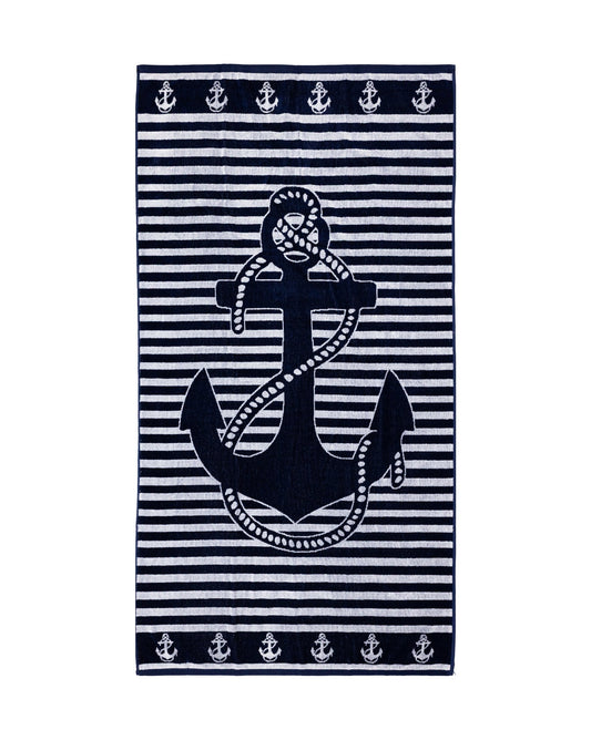Bahia Strandtuch XXL Marine Weiß 165x90 cm – italienisches Anker-Streifendesign, 100% Baumwolle, OEKO-TEX