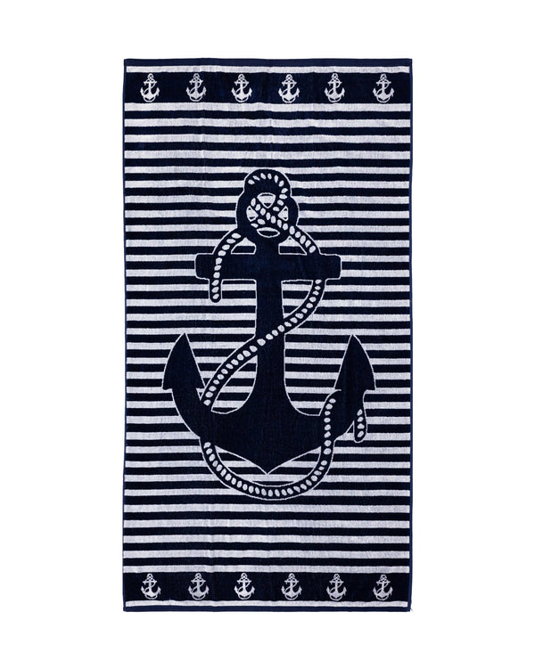 Bahia Strandtuch XXL Marine Weiß 165x90 cm – italienisches Anker-Streifendesign, 100% Baumwolle, OEKO-TEX