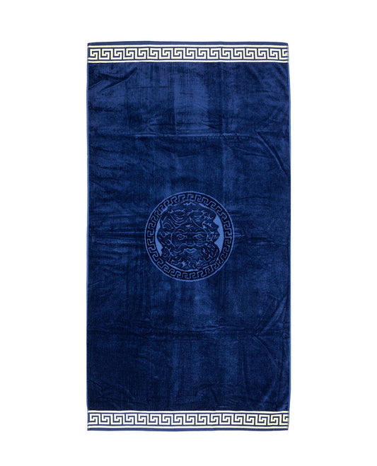 Poseidon Strandtuch XXL Dunkelblau 165x90 cm – griechisches Mäandermuster, 100% Baumwolle, OEKO-TEX