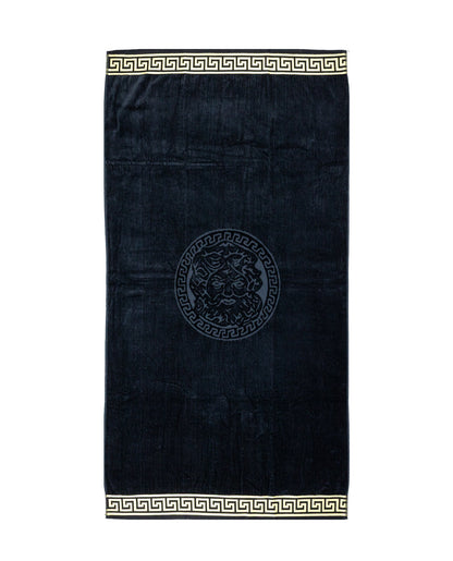 Poseidon Strandtuch XXL Schwarz 165x90 cm – griechisches Mäandermuster, 100% Baumwolle, OEKO-TEX