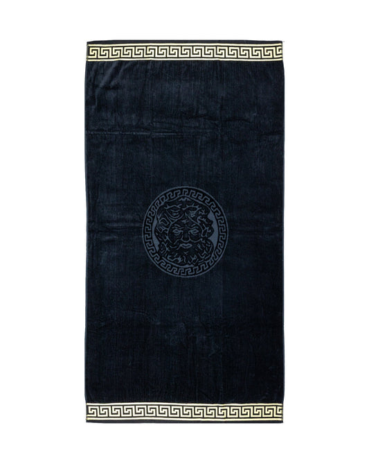 Poseidon Strandtuch XXL Schwarz 165x90 cm – griechisches Mäandermuster, 100% Baumwolle, OEKO-TEX