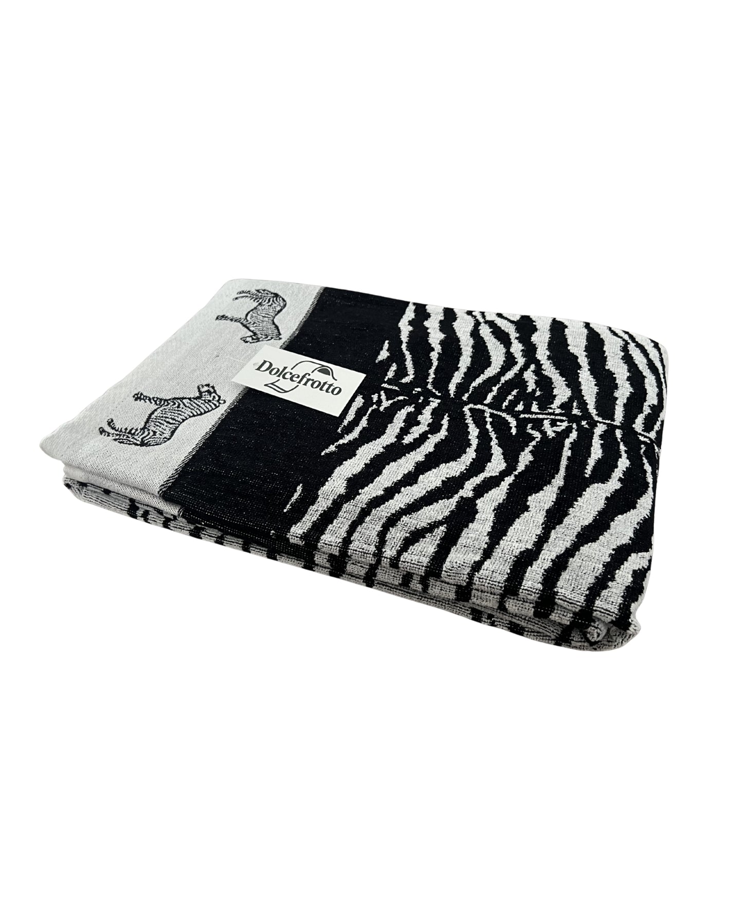 XXL Strandtuch mit schwarz-weißem Zebramuster, gefaltet mit Logo – Afrika Kollektion von Dolcefrotto