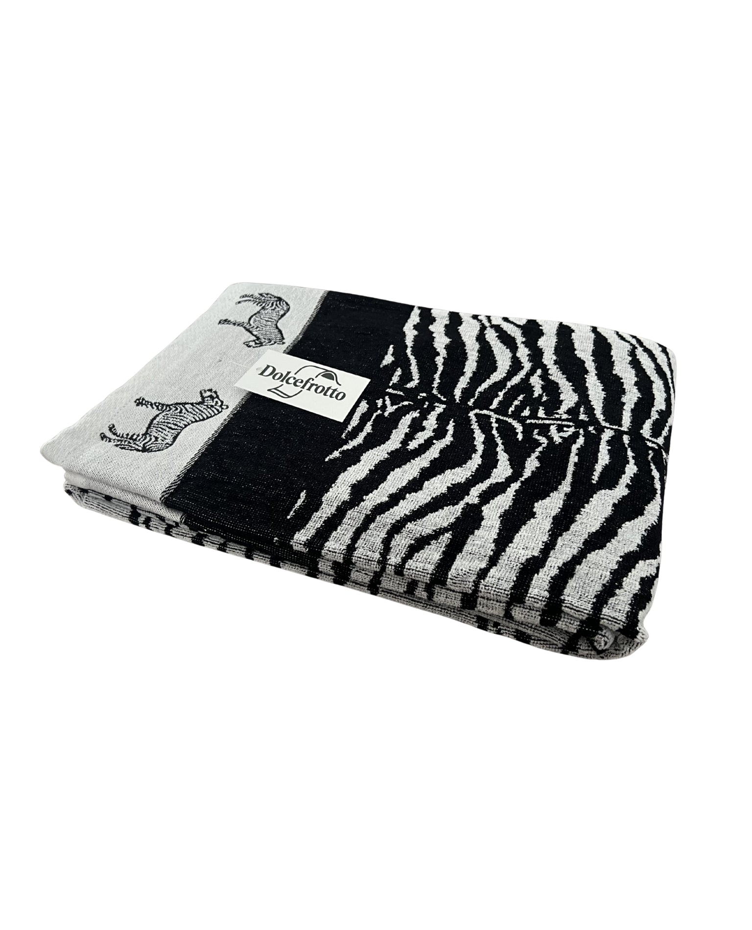 XXL Strandtuch mit schwarz-weißem Zebramuster, gefaltet mit Logo – Afrika Kollektion von Dolcefrotto