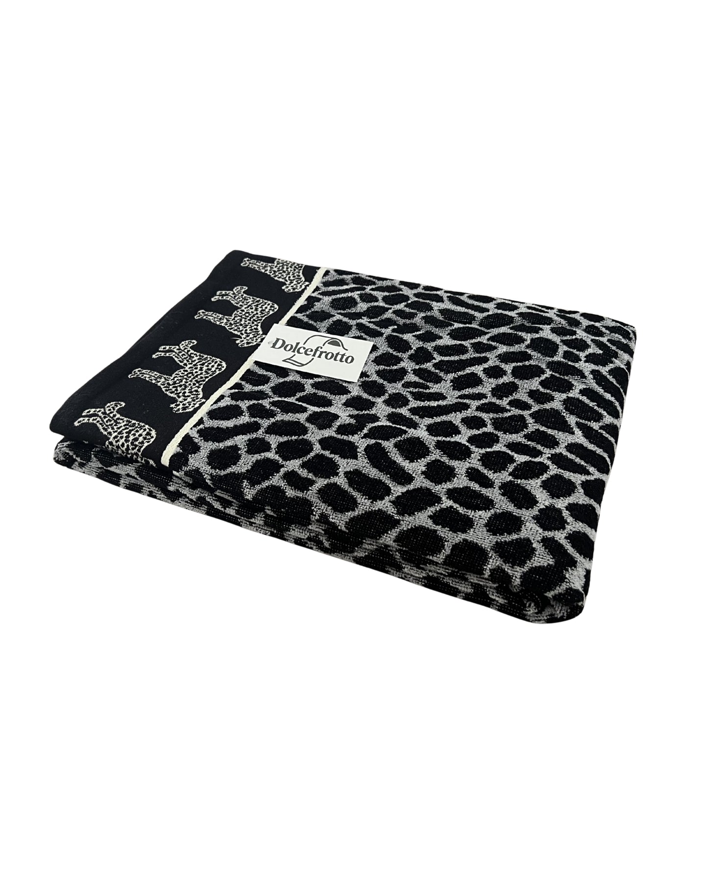 XXL Strandtuch mit grauem Leopardenmuster, gefaltet mit Logo – Afrika Kollektion von Dolcefrotto