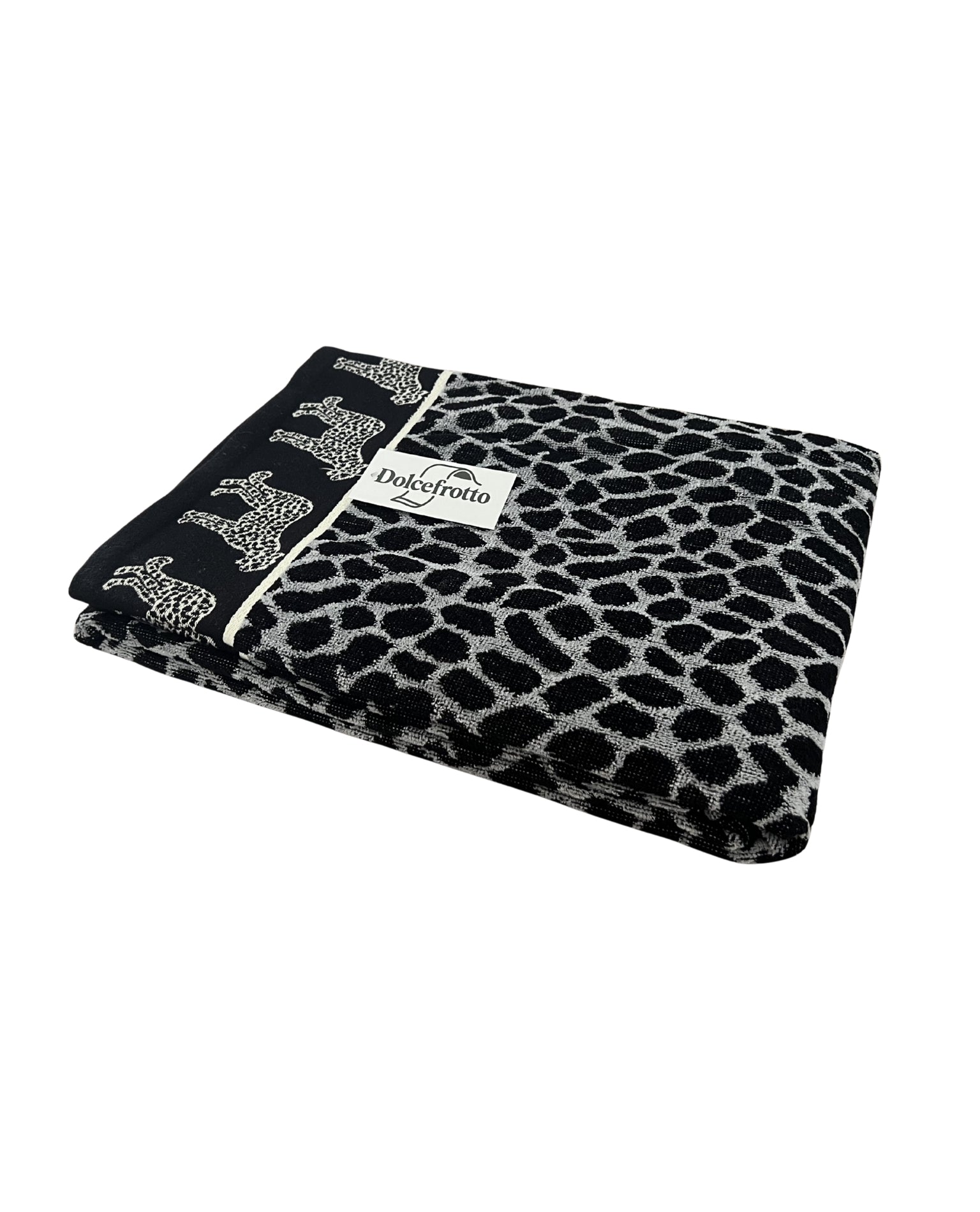 XXL Strandtuch mit grauem Leopardenmuster, gefaltet mit Logo – Afrika Kollektion von Dolcefrotto
