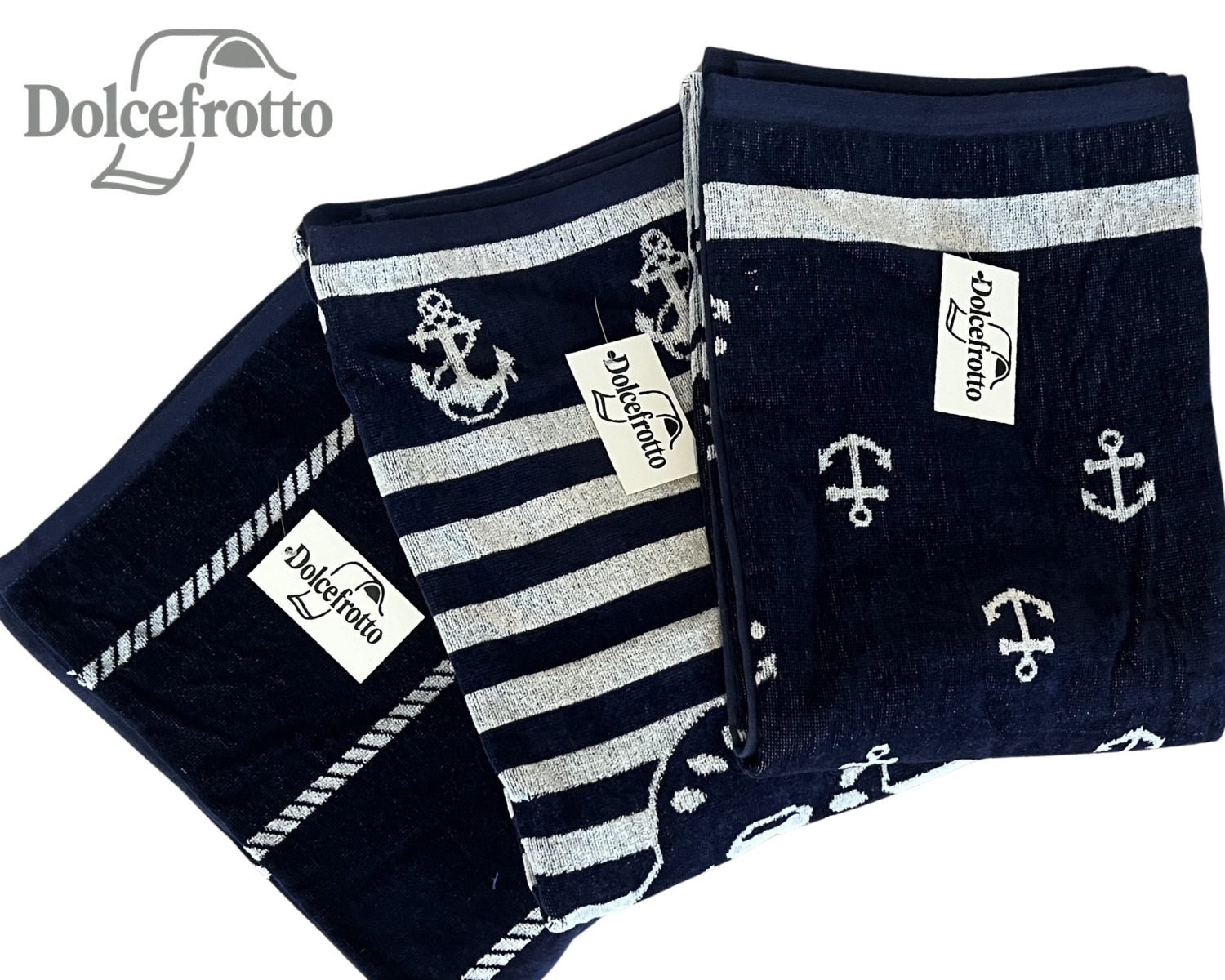 Bahia Kollektion – XXL Strandtücher mit Anker-Streifendesign, alle Farbvarianten Blau, Navy und Weiß auf einen Blick, Dolcefrotto