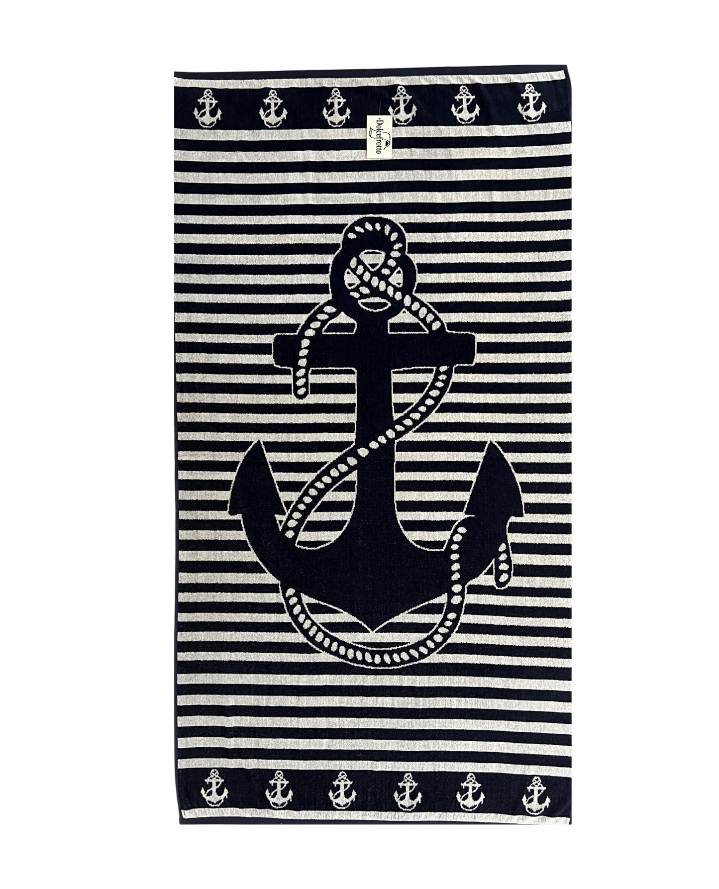 XXL Strandtuch mit maritimem Anker-Streifendesign in Weiß, ausgebreitet – Bahia Kollektion von Dolcefrotto
