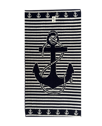XXL Strandtuch mit maritimem Anker-Streifendesign in Weiß, ausgebreitet – Bahia Kollektion von Dolcefrotto