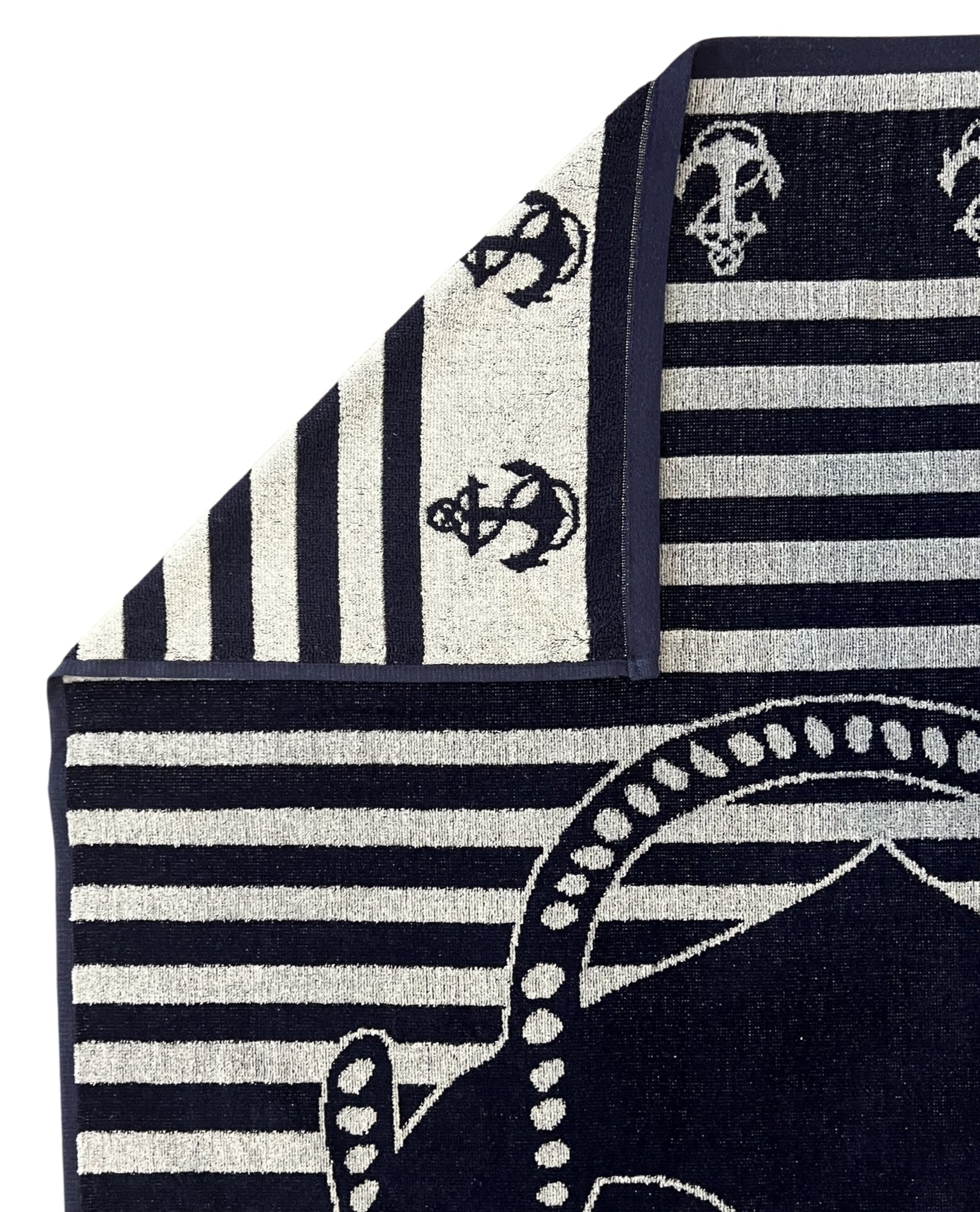 XXL Strandtuch mit maritimem Anker-Streifendesign in Weiß, Ecke und Detailansicht – Bahia Kollektion von Dolcefrotto