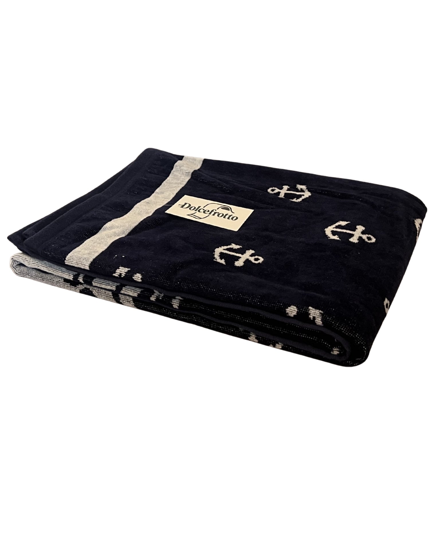 XXL Strandtuch mit maritimem Anker-Streifendesign in Blau, gefaltet mit Logo – Bahia Kollektion von Dolcefrotto