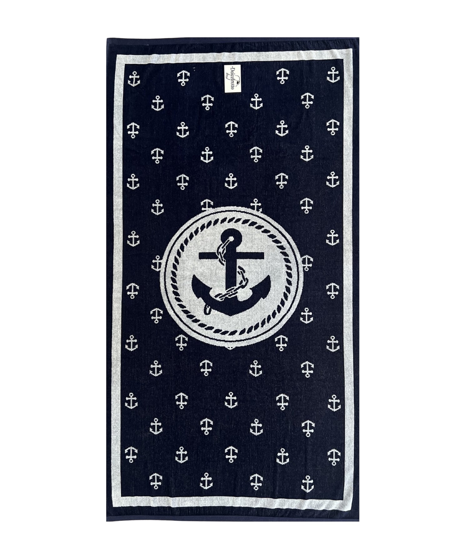 XXL Strandtuch mit maritimem Anker-Streifendesign in Blau, ausgebreitet – Bahia Kollektion von Dolcefrotto