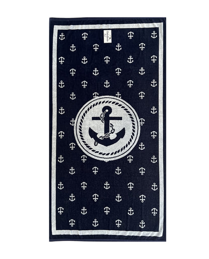 XXL Strandtuch mit maritimem Anker-Streifendesign in Blau, ausgebreitet – Bahia Kollektion von Dolcefrotto