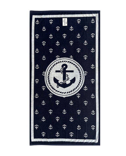 XXL Strandtuch mit maritimem Anker-Streifendesign in Blau, ausgebreitet – Bahia Kollektion von Dolcefrotto