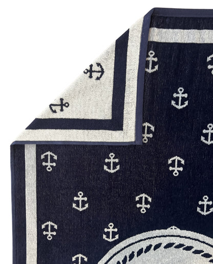 XXL Strandtuch mit maritimem Anker-Streifendesign in Blau, Ecke und Detailansicht – Bahia Kollektion von Dolcefrotto