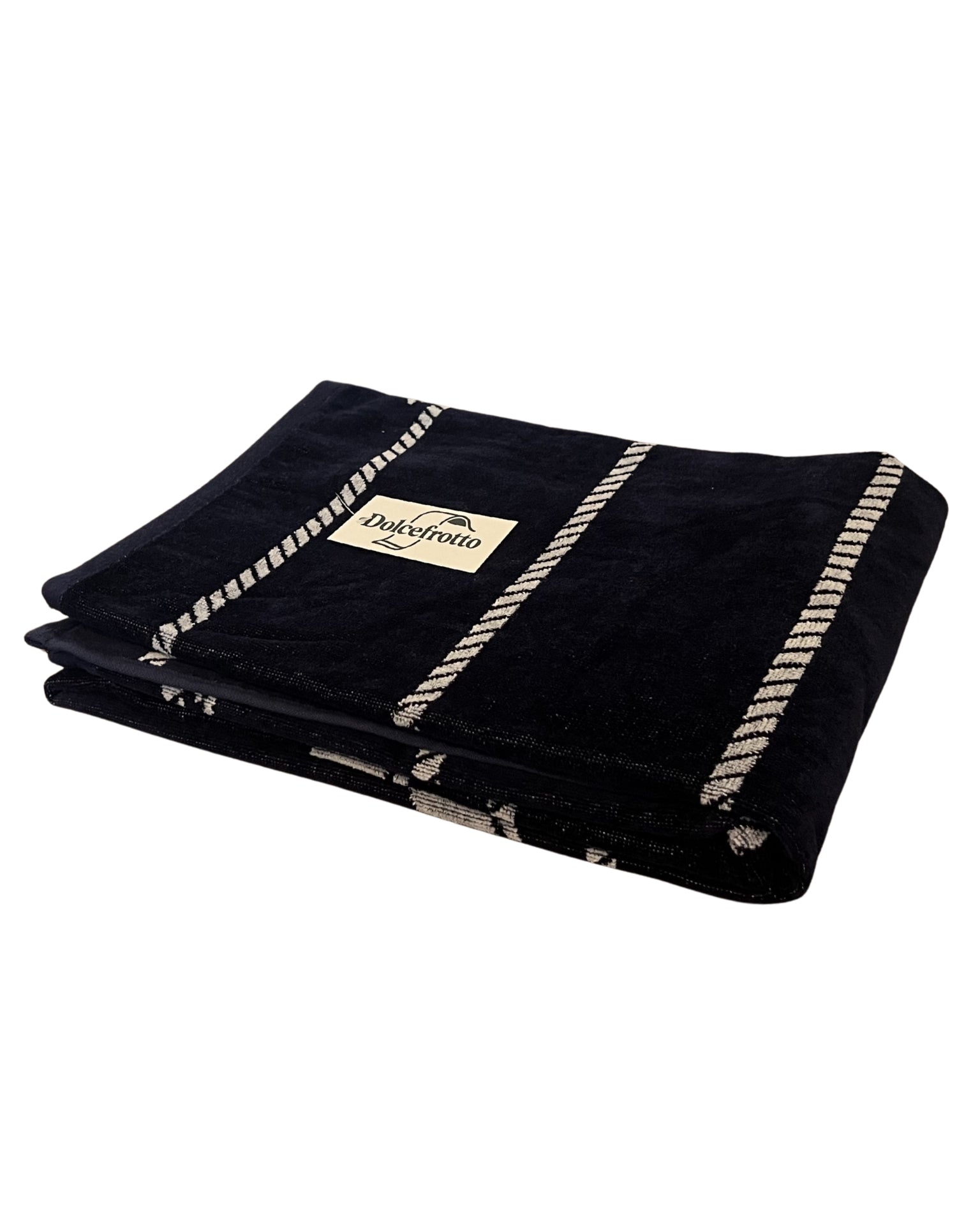 XXL Strandtuch mit maritimem Anker-Streifendesign in Navy, gefaltet mit Logo – Bahia Kollektion von Dolcefrotto