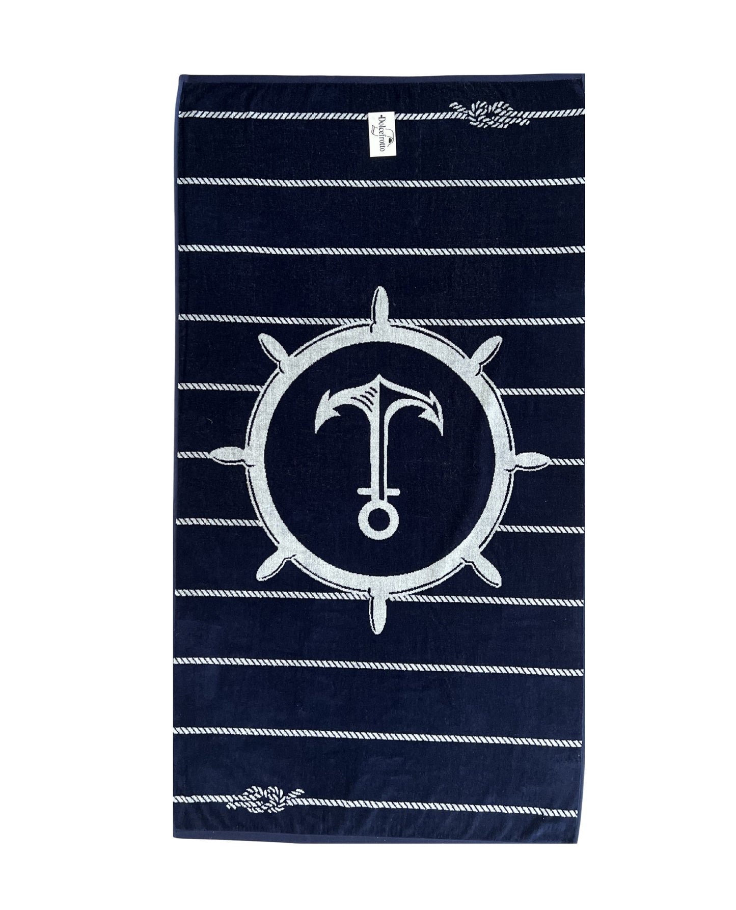 XXL Strandtuch mit maritimem Anker-Streifendesign in Navy, ausgebreitet – Bahia Kollektion von Dolcefrotto