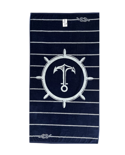XXL Strandtuch mit maritimem Anker-Streifendesign in Navy, ausgebreitet – Bahia Kollektion von Dolcefrotto