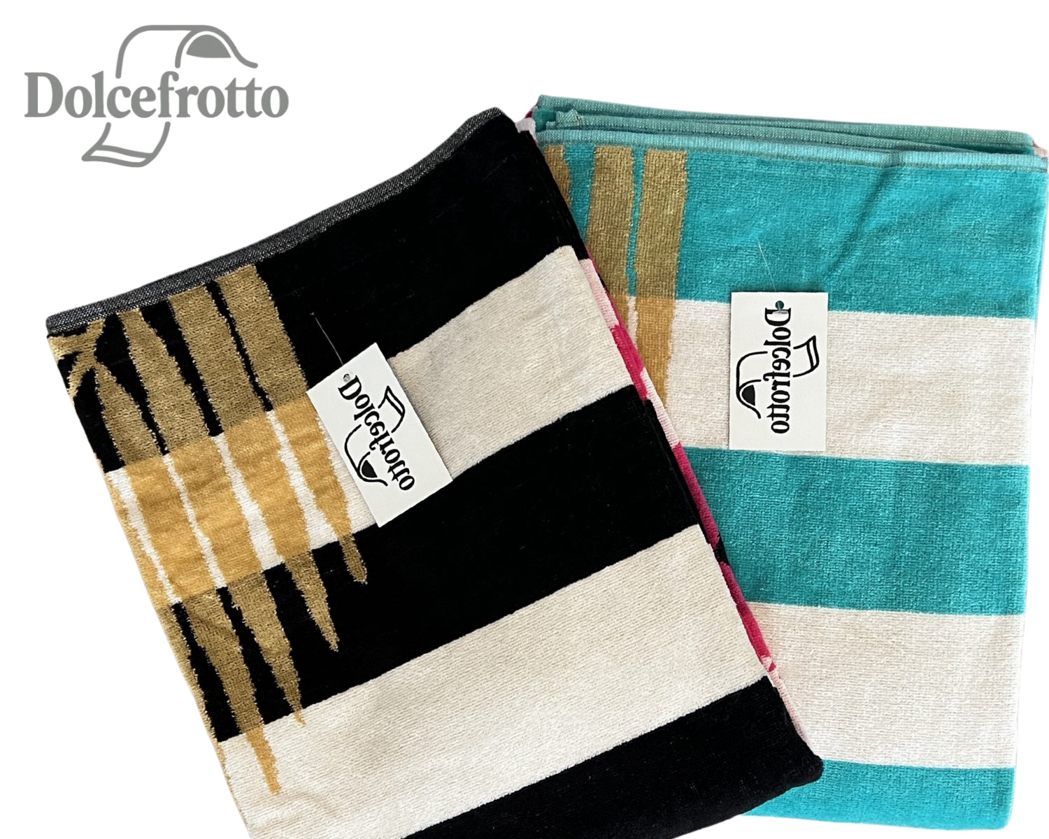 Flamingo Gold Kollektion – XXL Strandtücher mit Flamingo-Motiv in Schwarz-Weiß und Türkis-Weiß, beide Varianten auf einen Blick, Dolcefrotto