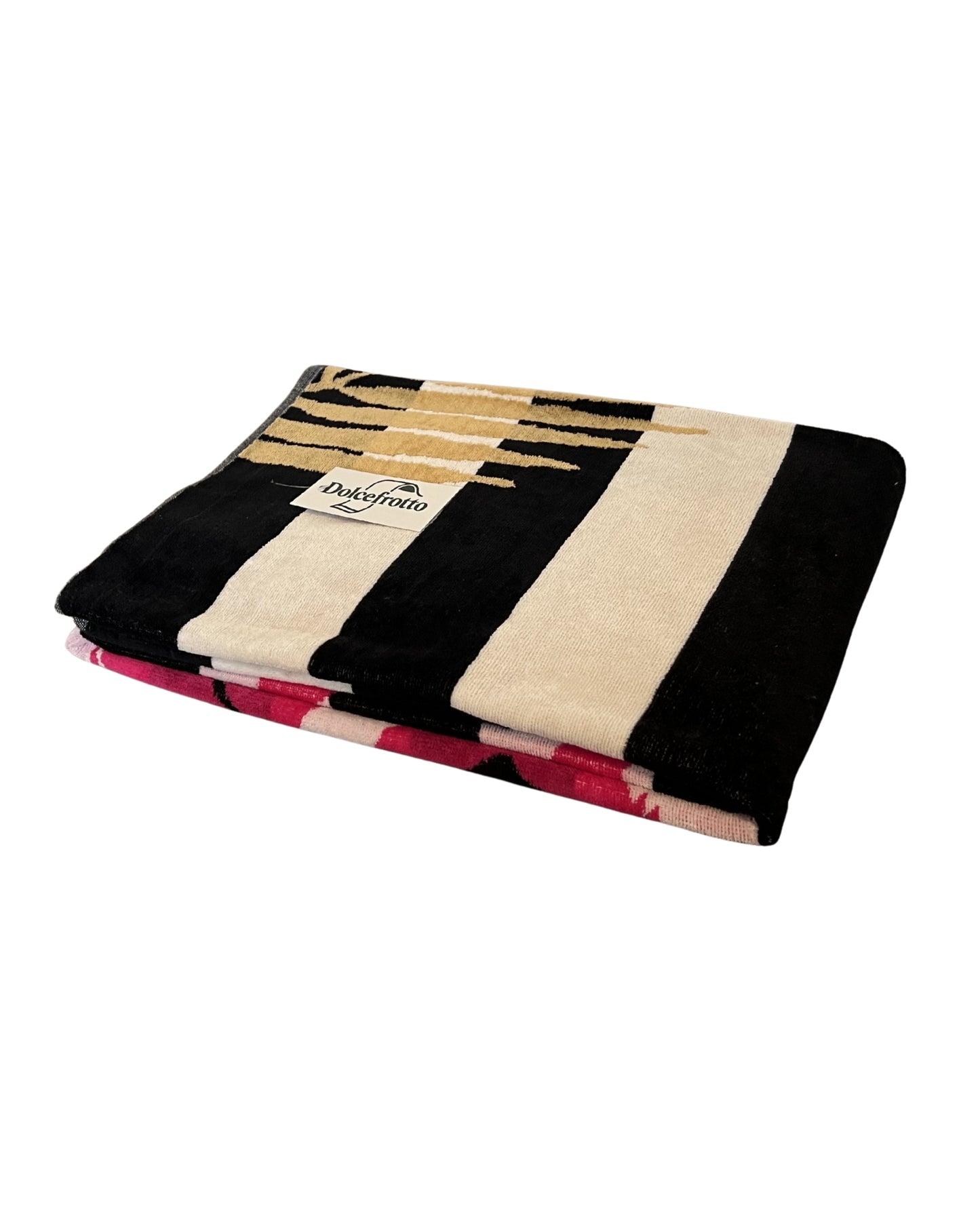 XXL Strandtuch mit Flamingo-Motiv in Schwarz-Weiß, gefaltet mit Logo – Flamingo Gold Kollektion von Dolcefrotto
