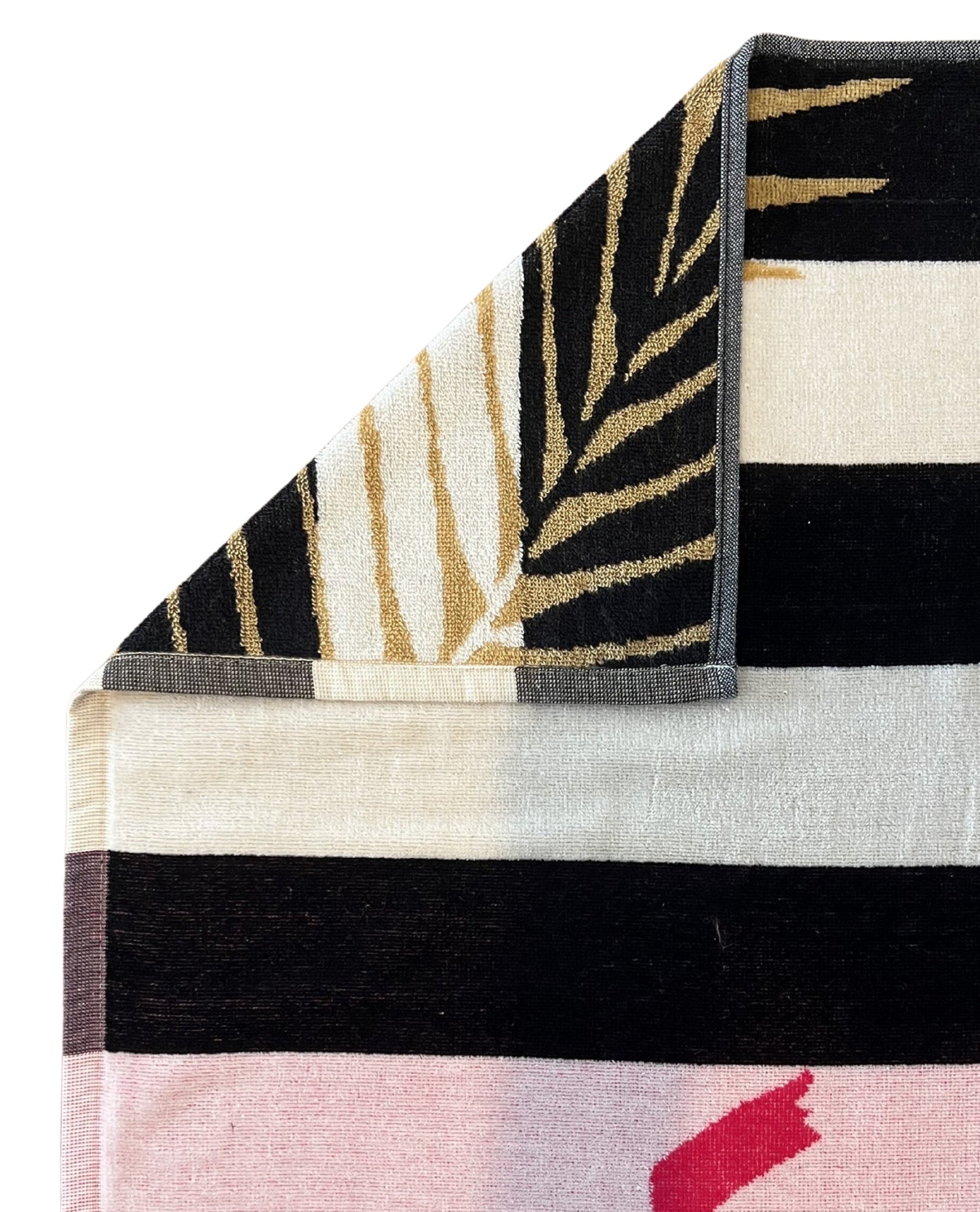 XXL Strandtuch mit Flamingo-Motiv in Schwarz-Weiß, Ecke und Detailansicht – Flamingo Gold Kollektion von Dolcefrotto