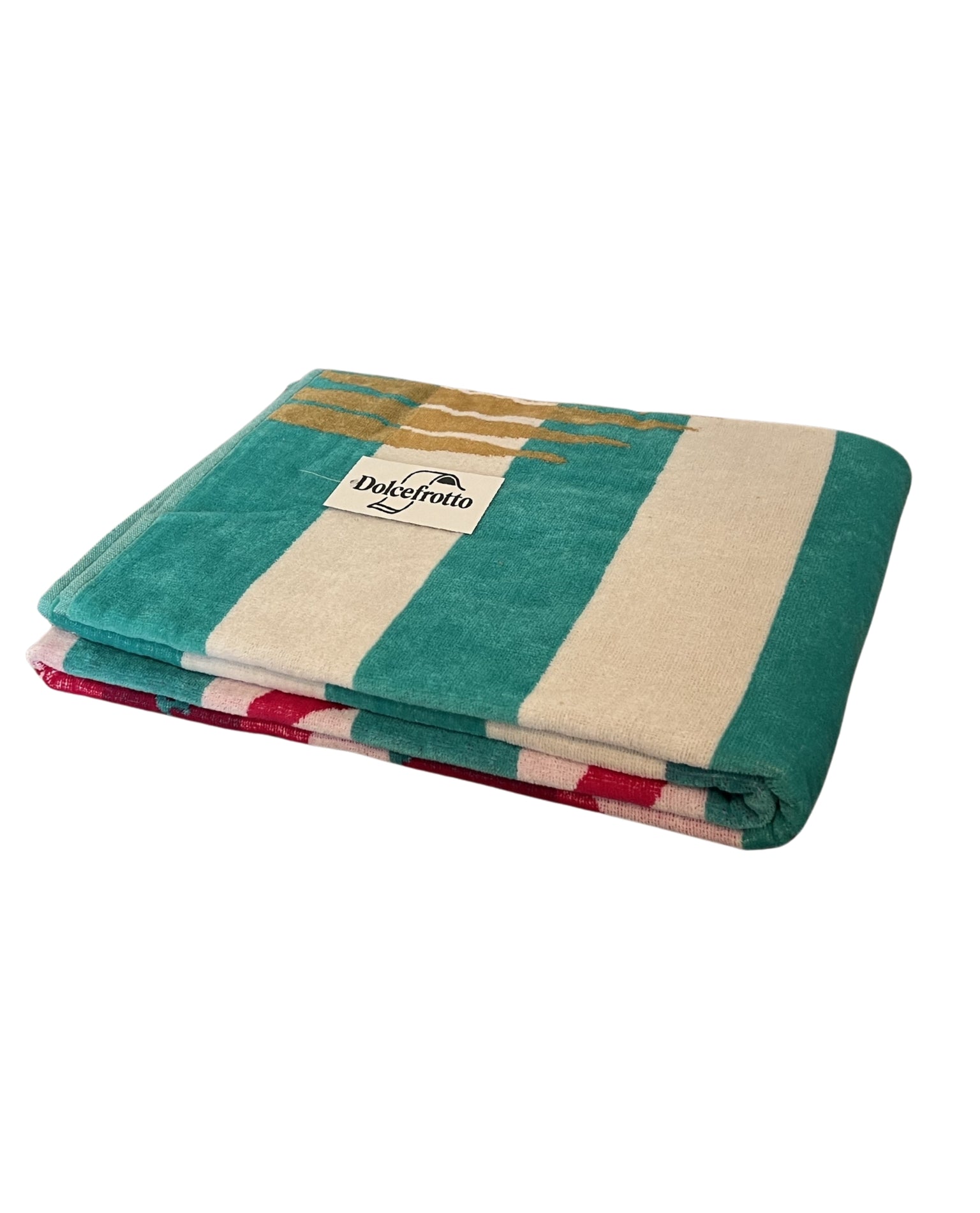 XXL Strandtuch mit Flamingo-Motiv in Türkis-Weiß, gefaltet mit Logo – Flamingo Gold Kollektion von Dolcefrotto