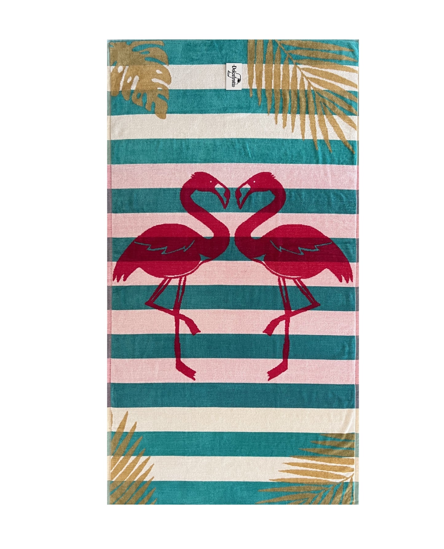 XXL Strandtuch mit Flamingo-Motiv in Türkis-Weiß, ausgebreitet – Flamingo Gold Kollektion von Dolcefrotto