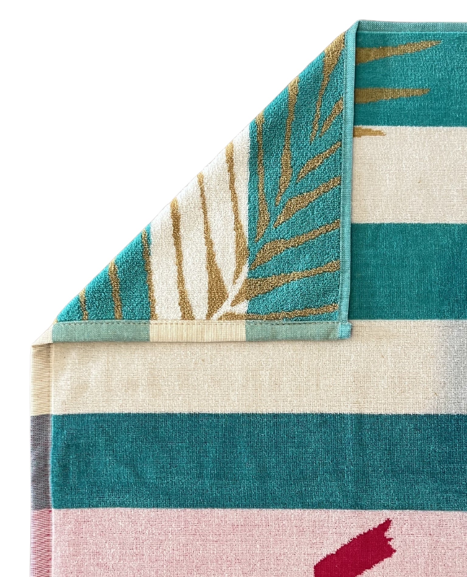 XXL Strandtuch mit Flamingo-Motiv in Türkis-Weiß, Ecke und Detailansicht – Flamingo Gold Kollektion von Dolcefrotto