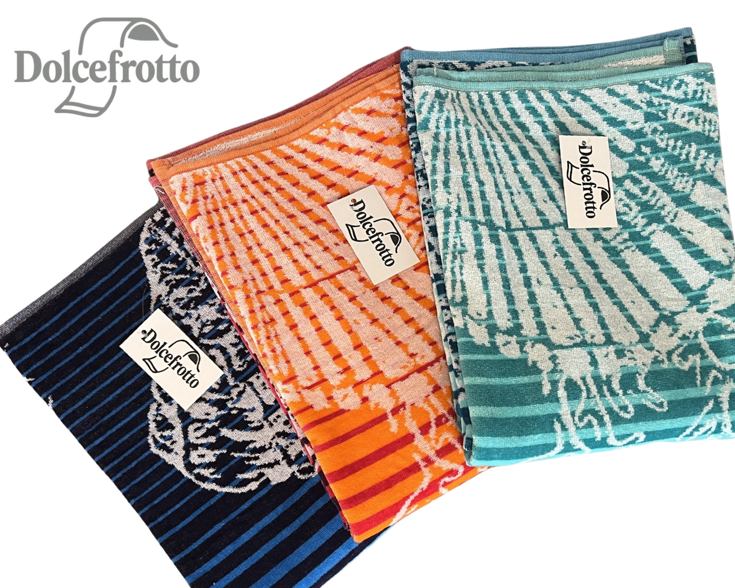 Ischia Kollektion – XXL Strandtücher mit maritimem Muster (Seepferdchen, Seesterne, Muscheln) in Blau, Türkis und Regenbogen, alle Varianten auf einen Blick, Dolcefrotto