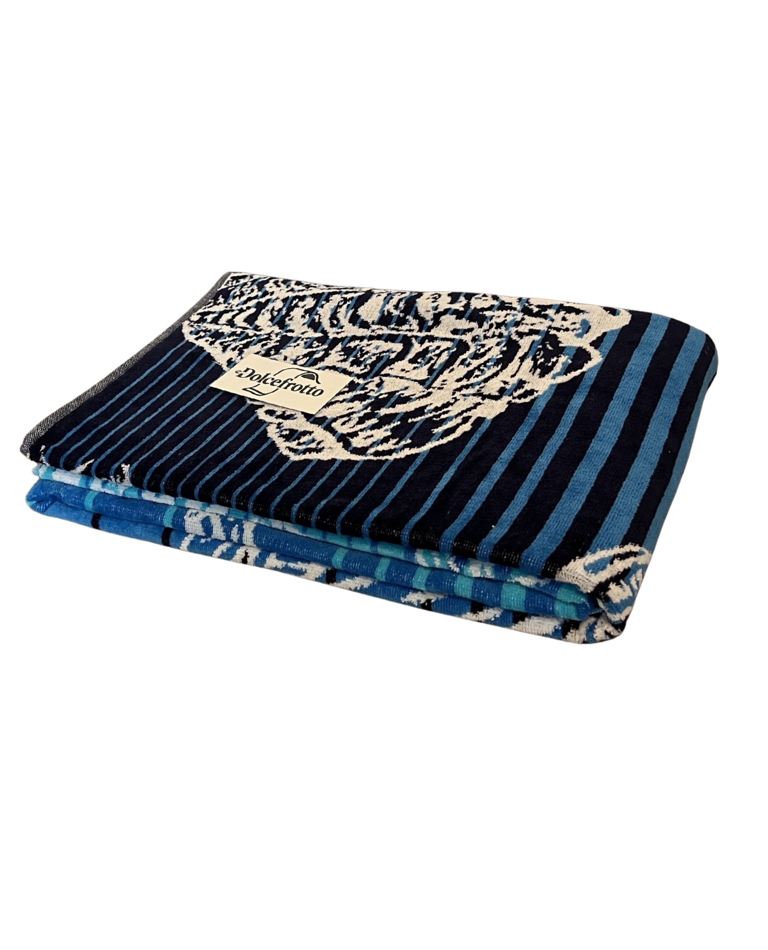 XXL Strandtuch mit maritimem Muster in Blau – Seepferdchen, Seesterne und Muscheln, gefaltet mit Logo – Ischia Kollektion von Dolcefrotto