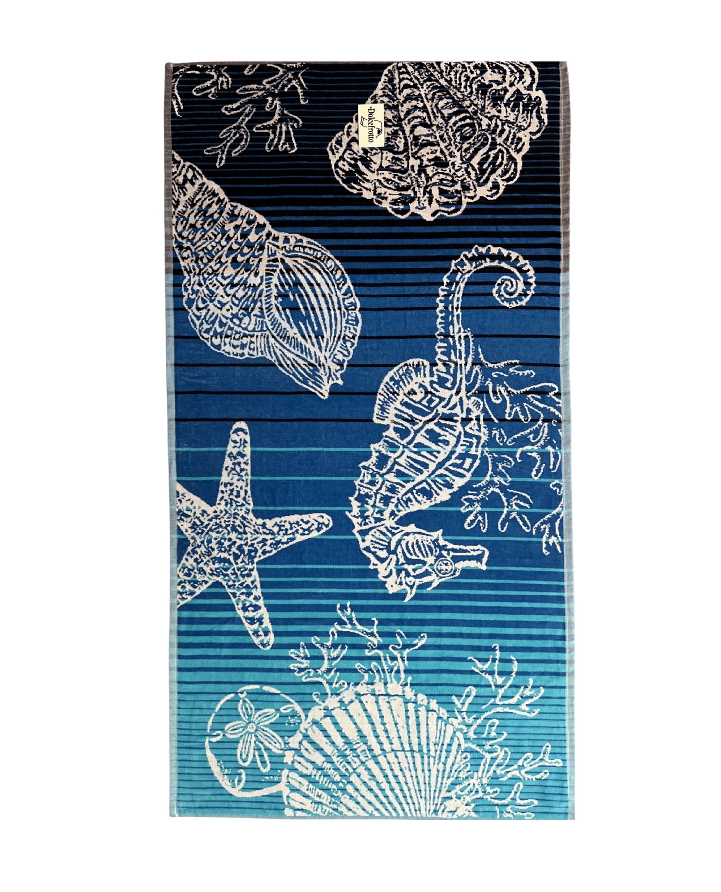 XXL Strandtuch mit maritimem Muster in Blau – Seepferdchen, Seesterne und Muscheln, ausgebreitet – Ischia Kollektion von Dolcefrotto