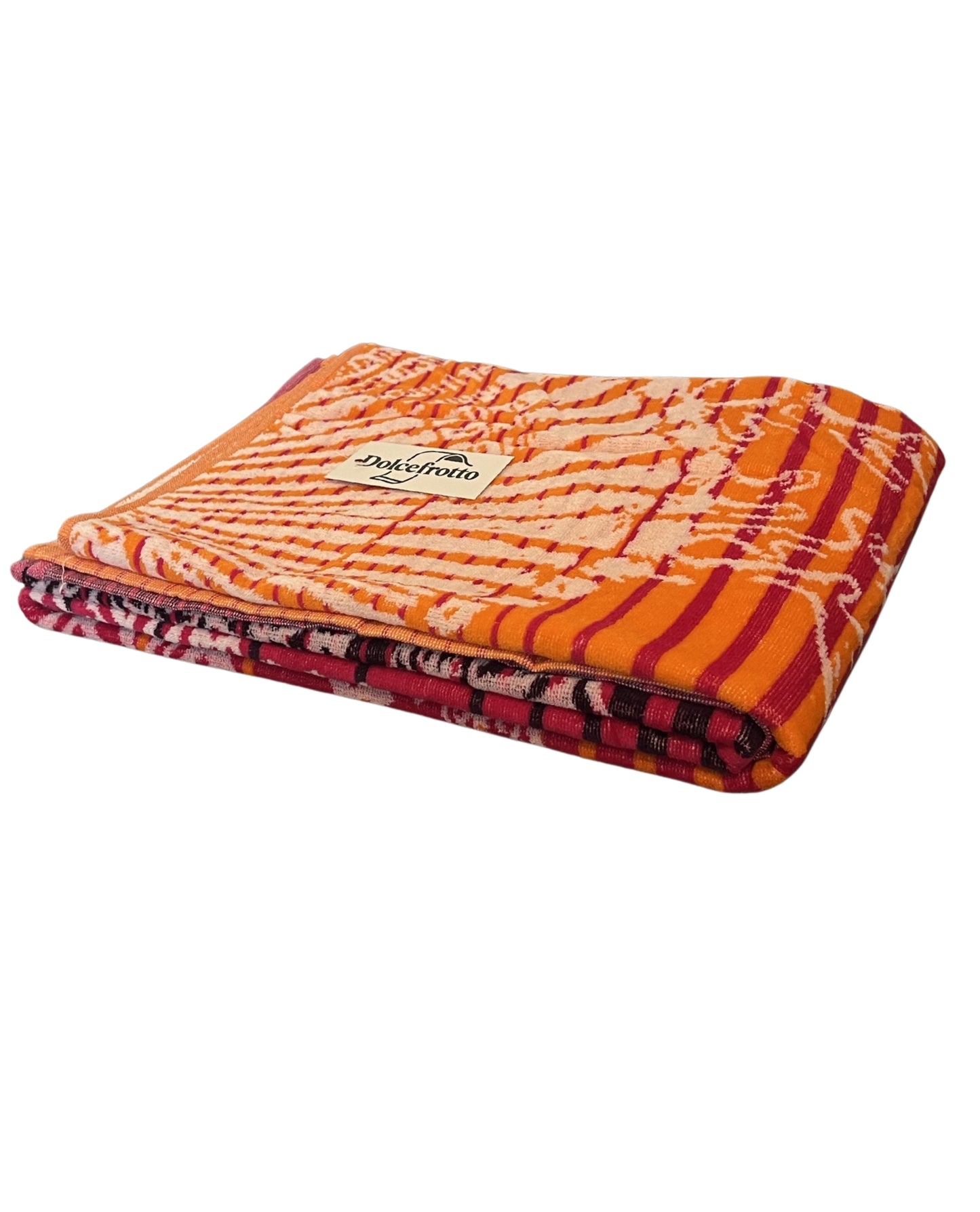 XXL Strandtuch mit maritimem Muster in Regenbogenfarben – Seepferdchen, Seesterne und Muscheln, gefaltet mit Logo – Ischia Kollektion von Dolcefrotto