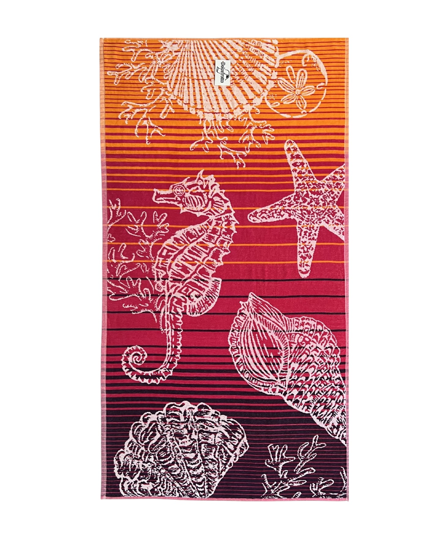 XXL Strandtuch mit maritimem Muster in Regenbogenfarben – Seepferdchen, Seesterne und Muscheln, ausgebreitet – Ischia Kollektion von Dolcefrotto