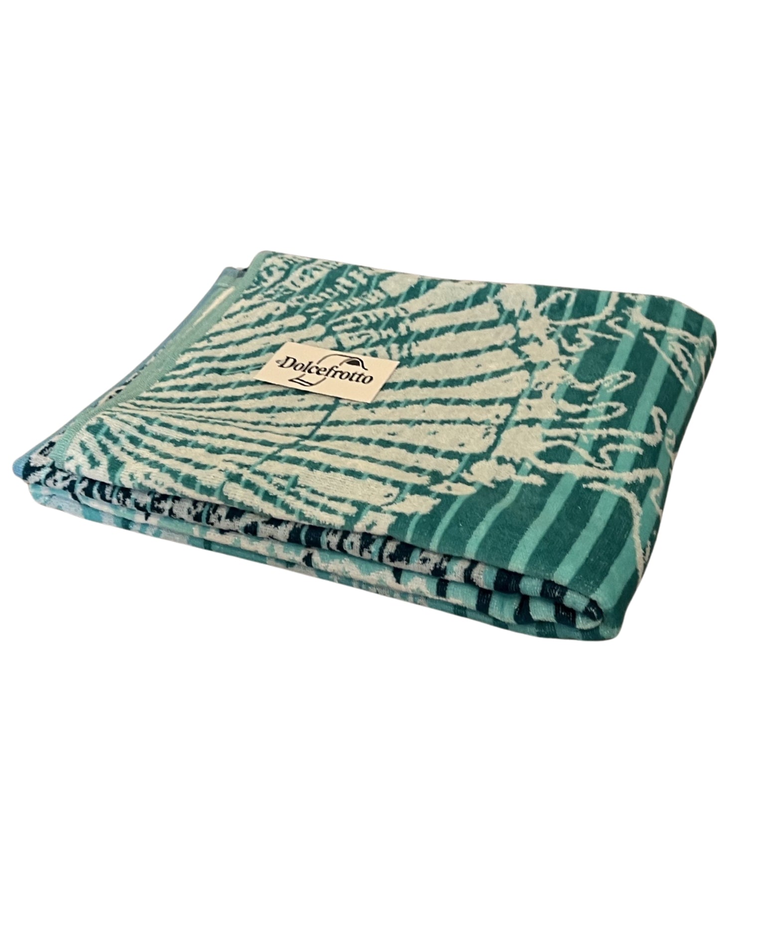 XXL Strandtuch mit maritimem Muster in Türkis – Seepferdchen, Seesterne und Muscheln, gefaltet mit Logo – Ischia Kollektion von Dolcefrotto