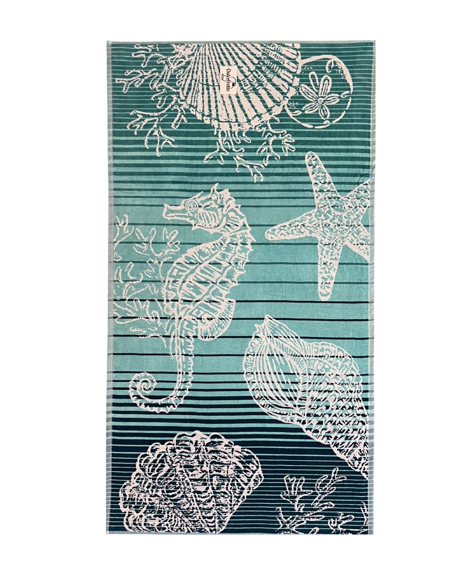 XXL Strandtuch mit maritimem Muster in Türkis – Seepferdchen, Seesterne und Muscheln, ausgebreitet – Ischia Kollektion von Dolcefrotto