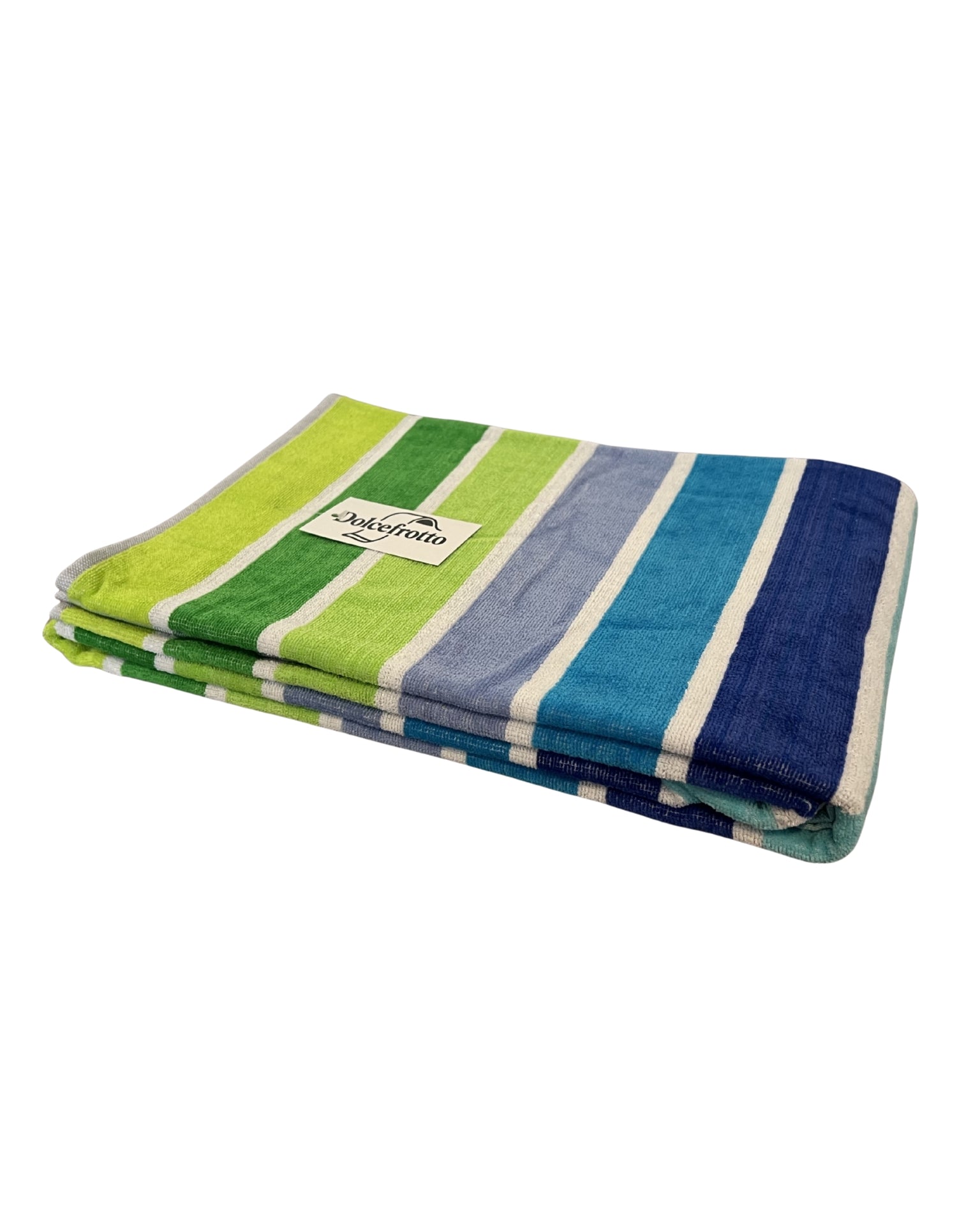XXL Strandtuch mit leuchtenden Streifen in Blau-Grün, gefaltet mit Logo – Mirage Kollektion von Dolcefrotto