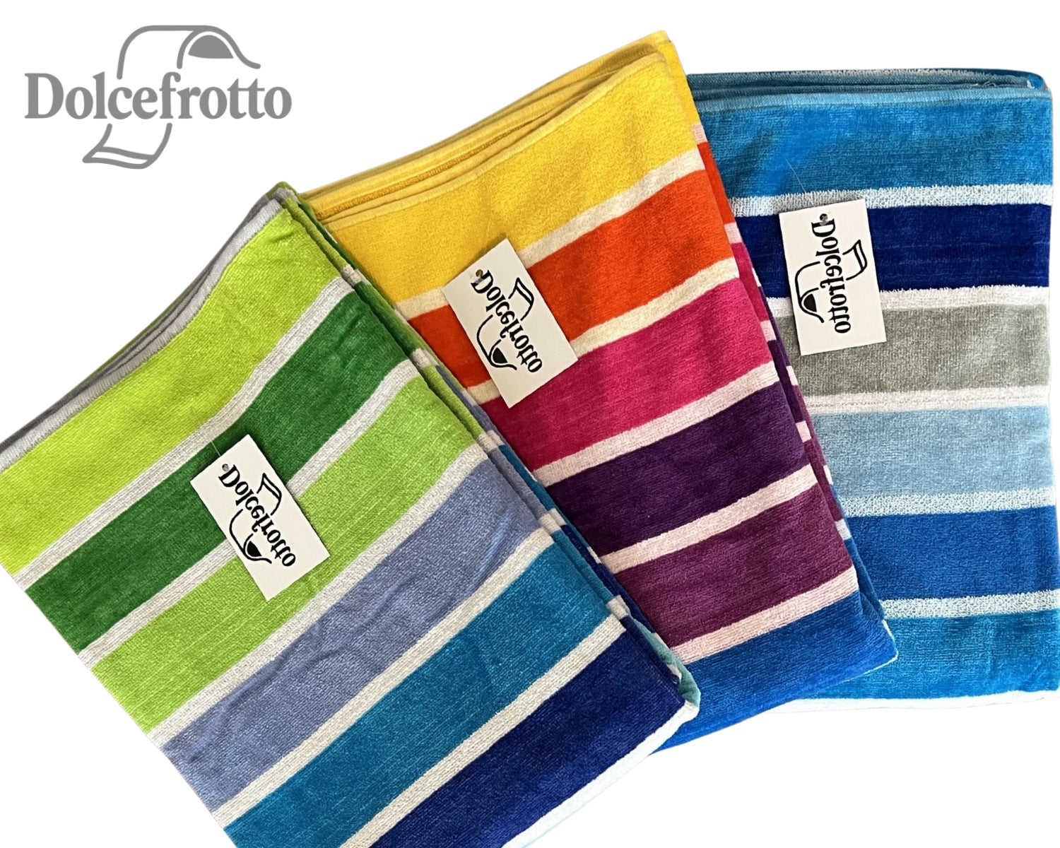 Mirage Kollektion – XXL Strandtücher mit leuchtenden Streifen in Türkis, Blau-Grün und Rot, alle Varianten auf einen Blick, Dolcefrotto
