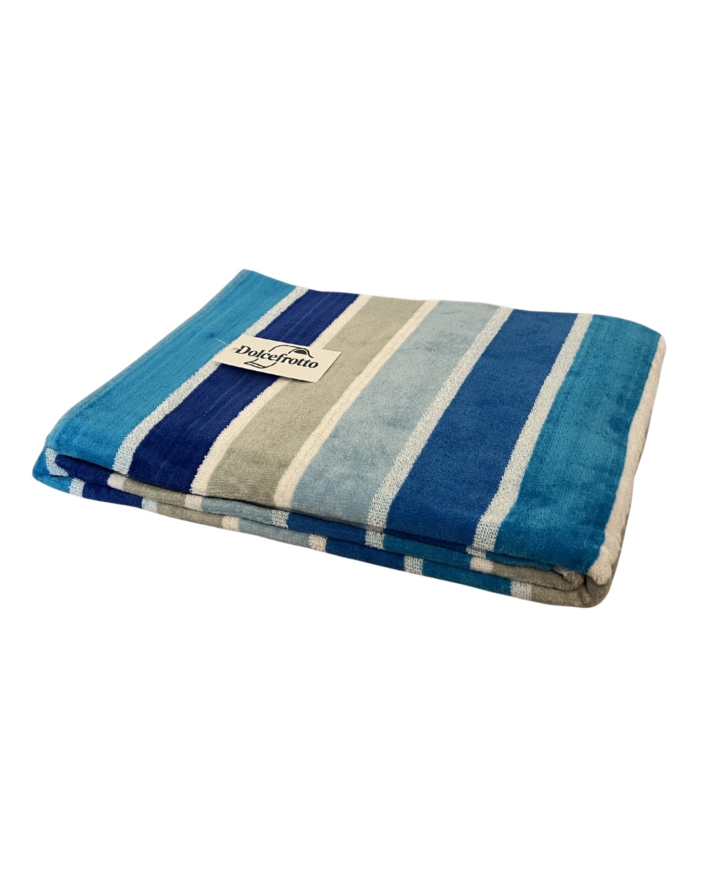 XXL Strandtuch mit leuchtenden Streifen in Türkis, gefaltet mit Logo – Mirage Kollektion von Dolcefrotto