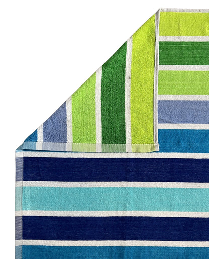XXL Strandtuch mit leuchtenden Streifen in Blau-Grün, Ecke und Detailansicht – Mirage Kollektion von Dolcefrotto