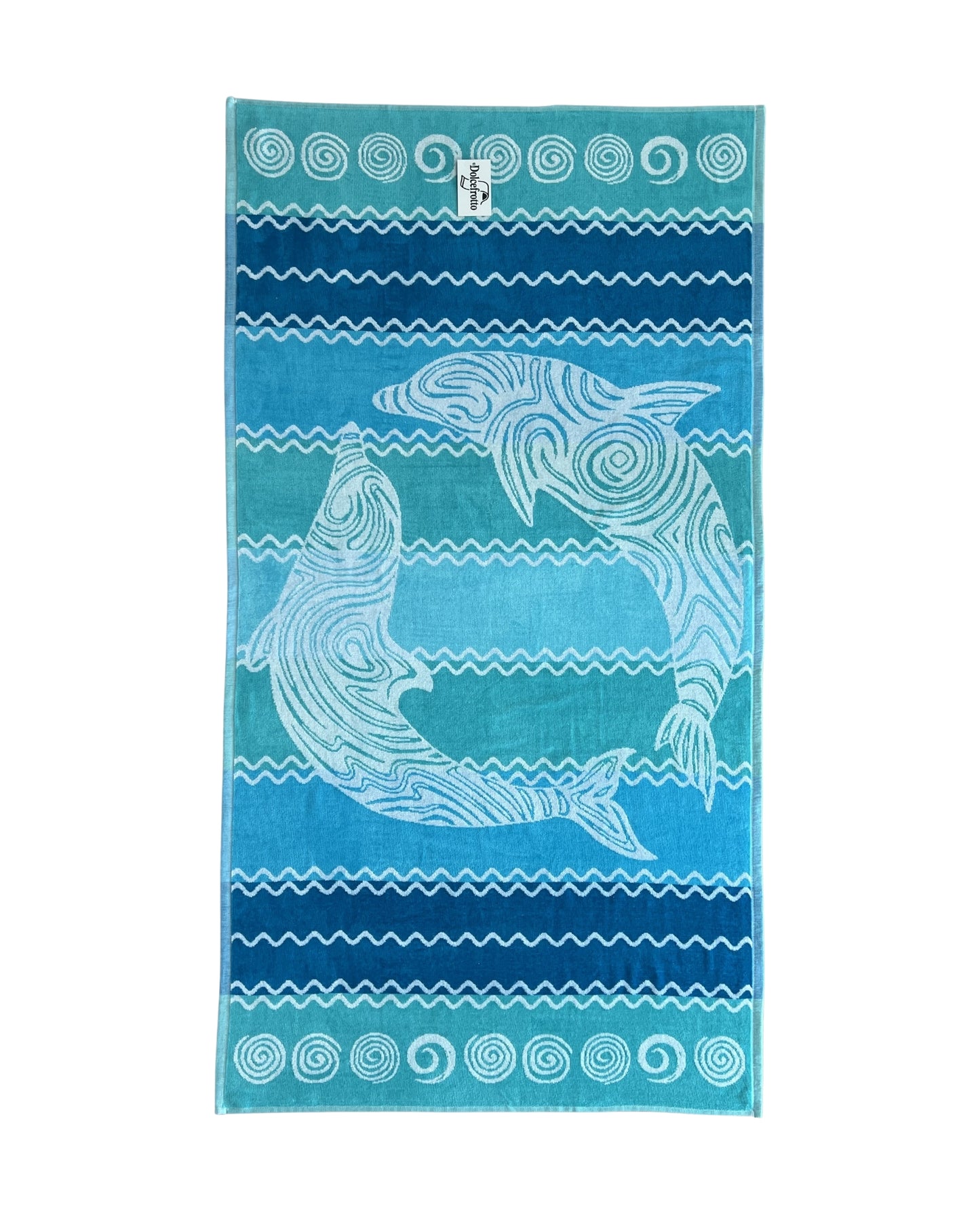 XXL Strandtuch mit Delfin- und Streifendesign in Türkis, ausgebreitet – Pantelleria Kollektion von Dolcefrotto
