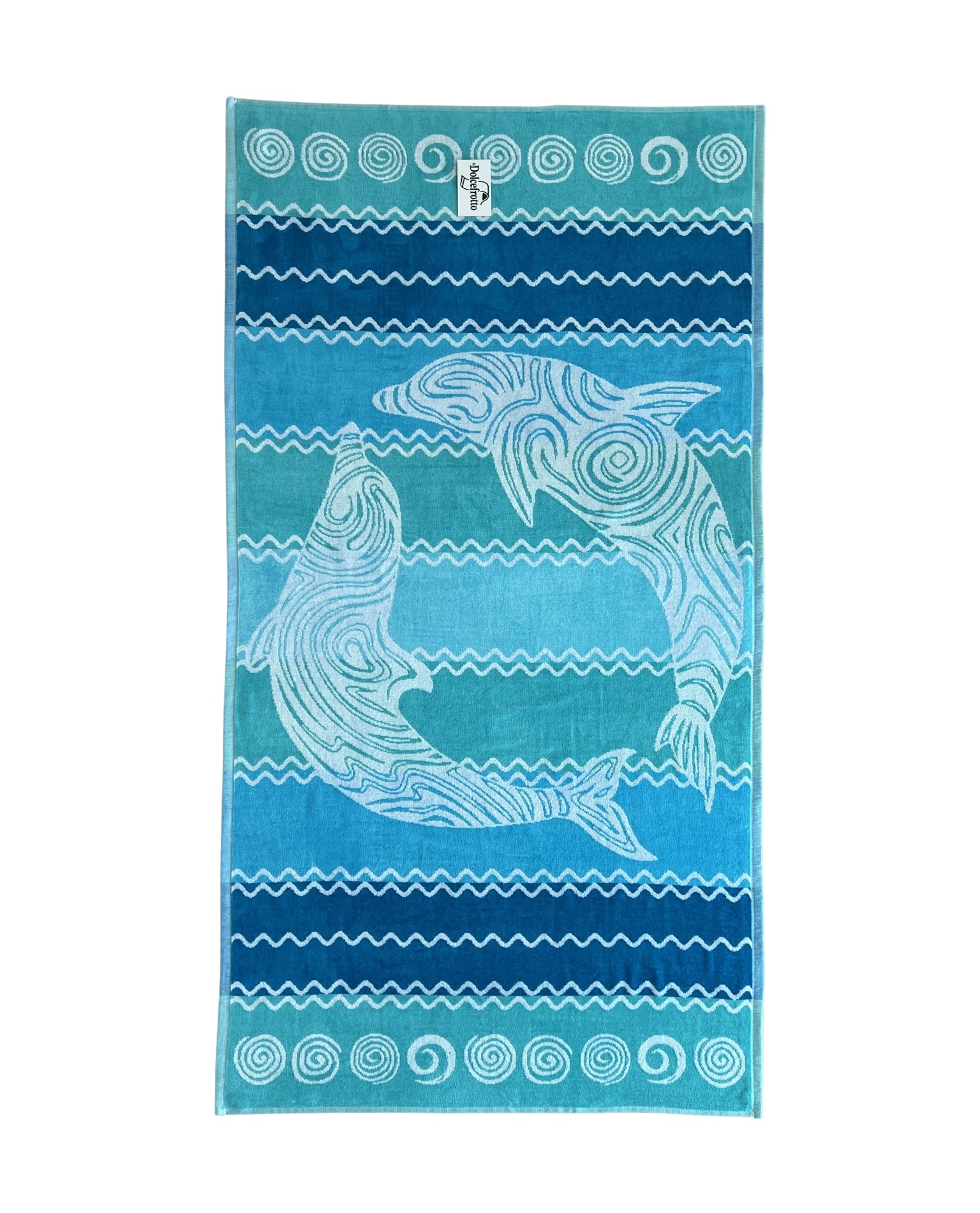 XXL Strandtuch mit Delfin- und Streifendesign in Türkis, ausgebreitet – Pantelleria Kollektion von Dolcefrotto