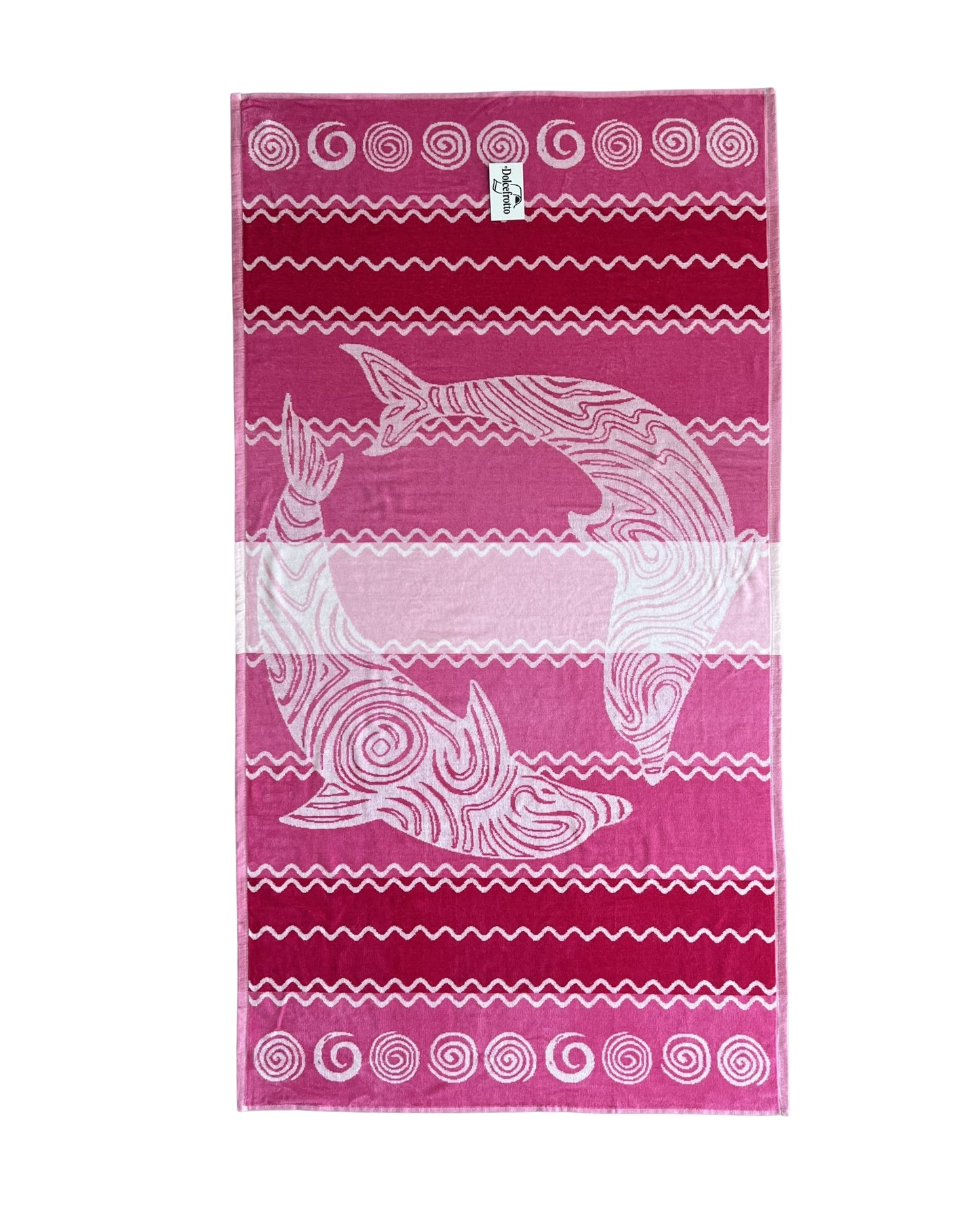 XXL Strandtuch mit Delfin- und Streifendesign in Pink, ausgebreitet – Pantelleria Kollektion von Dolcefrotto