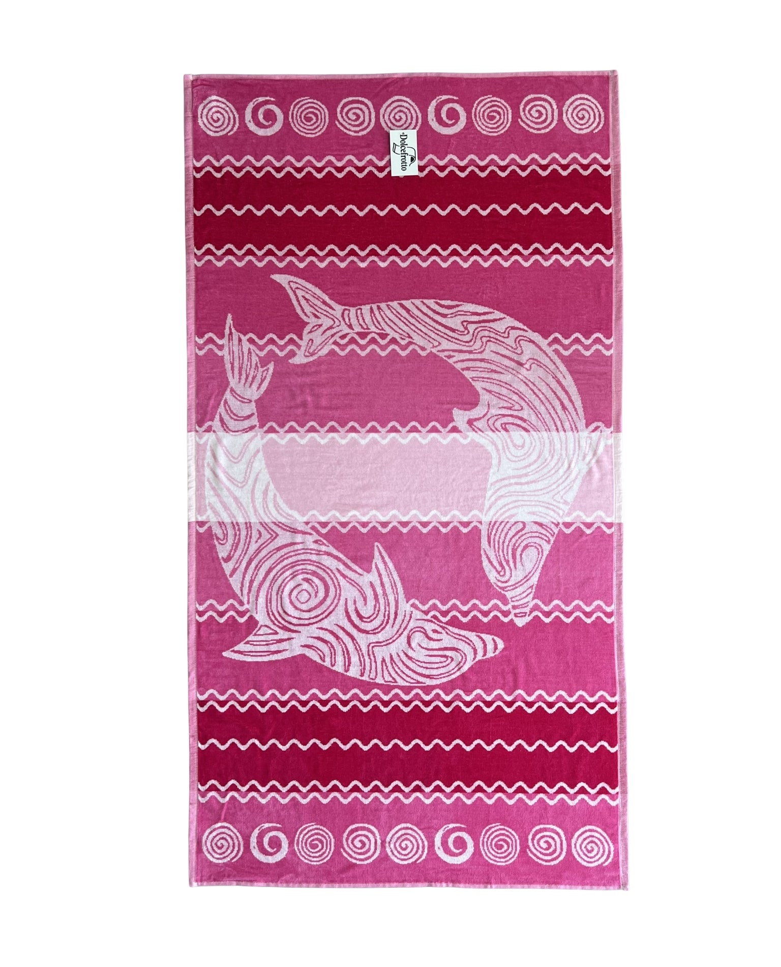 XXL Strandtuch mit Delfin- und Streifendesign in Pink, ausgebreitet – Pantelleria Kollektion von Dolcefrotto