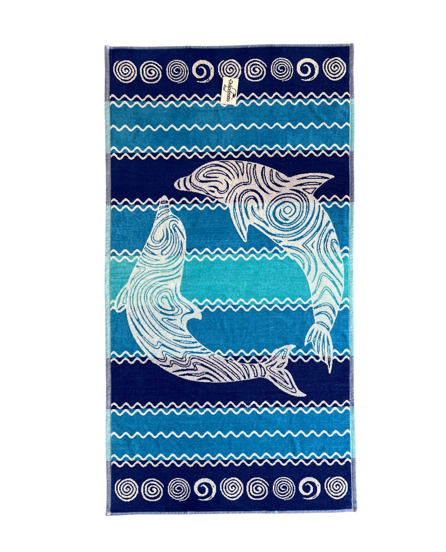 XXL Strandtuch mit Delfin- und Streifendesign in Navy, ausgebreitet – Pantelleria Kollektion von Dolcefrotto