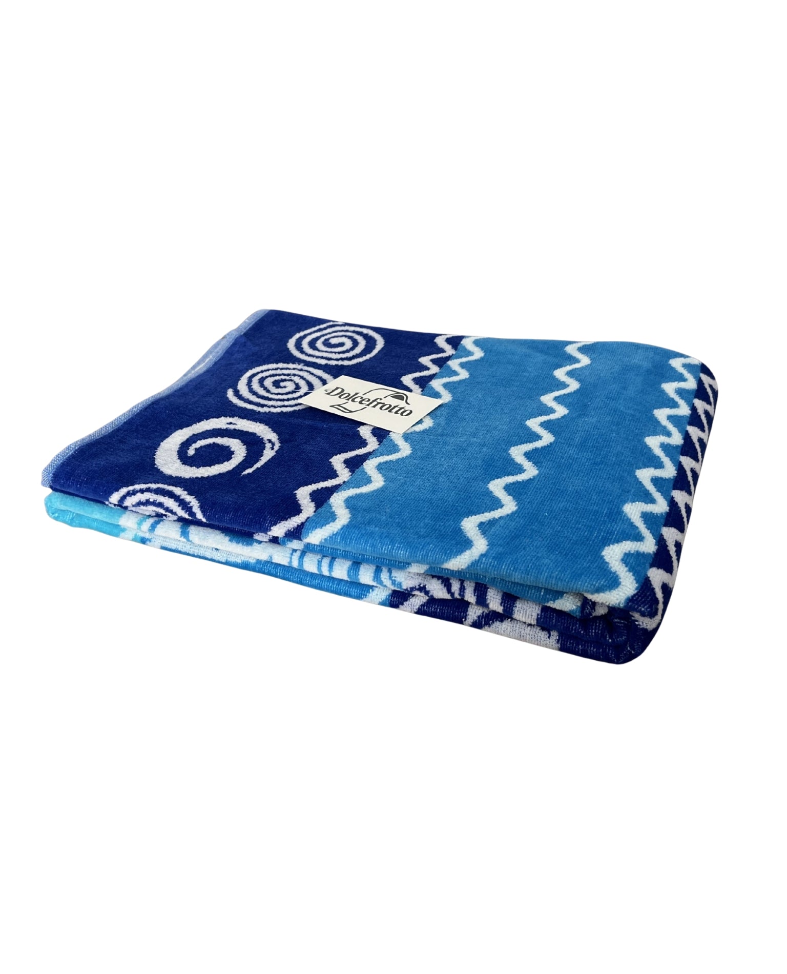 XXL Strandtuch mit Delfin- und Streifendesign in Navy, gefaltet mit Logo – Pantelleria Kollektion von Dolcefrotto