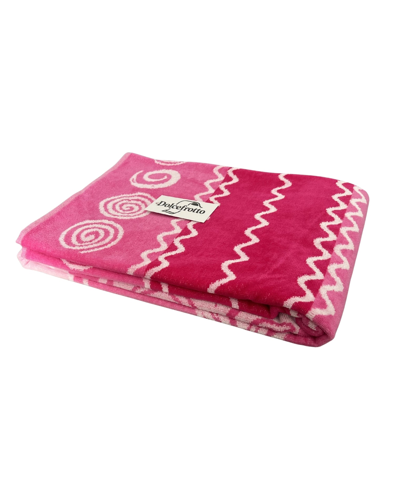 XXL Strandtuch mit Delfin- und Streifendesign in Pink, gefaltet mit Logo – Pantelleria Kollektion von Dolcefrotto