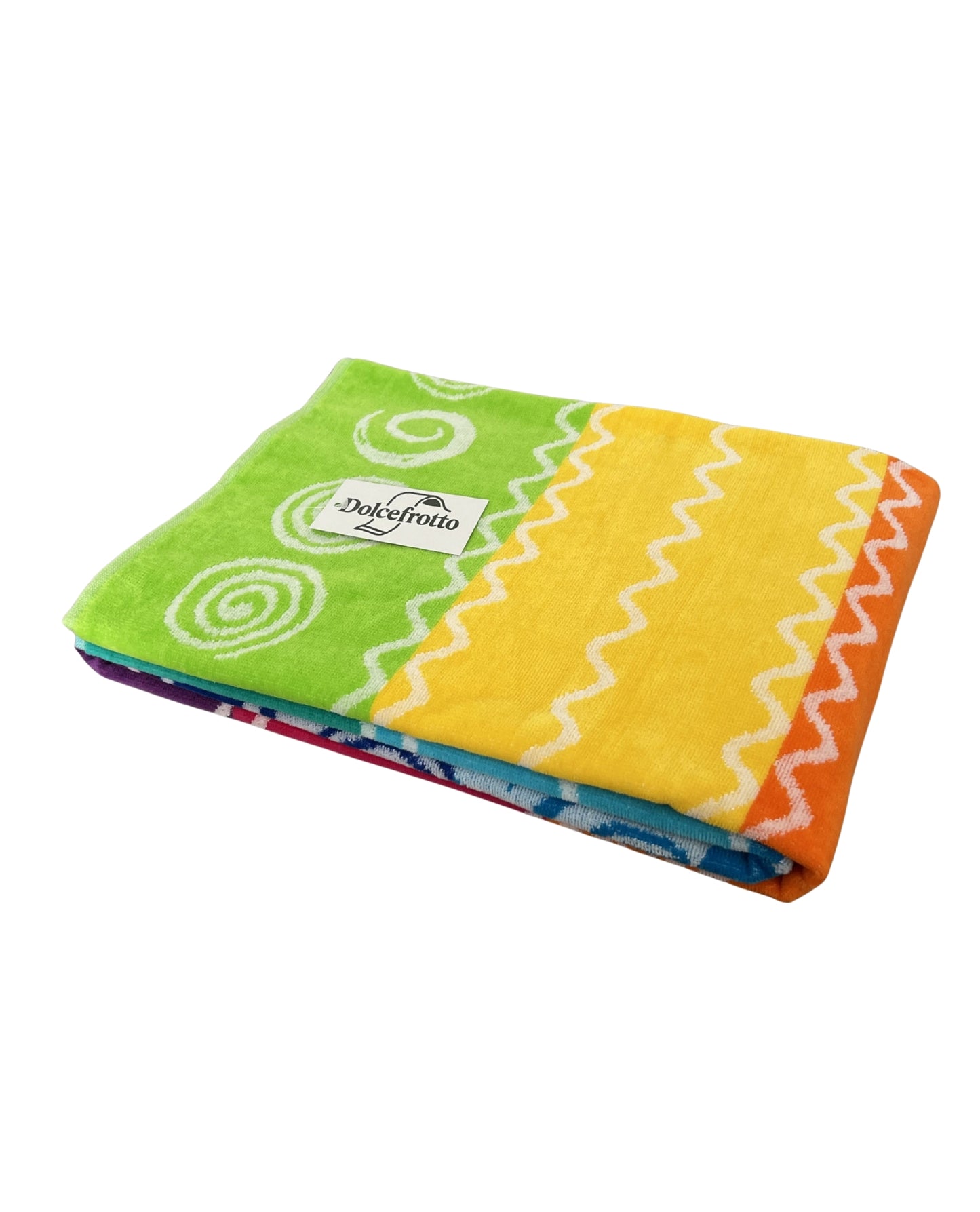 XXL Strandtuch mit Delfin- und Streifendesign in Regenbogenfarben, gefaltet mit Logo – Pantelleria Kollektion von Dolcefrotto