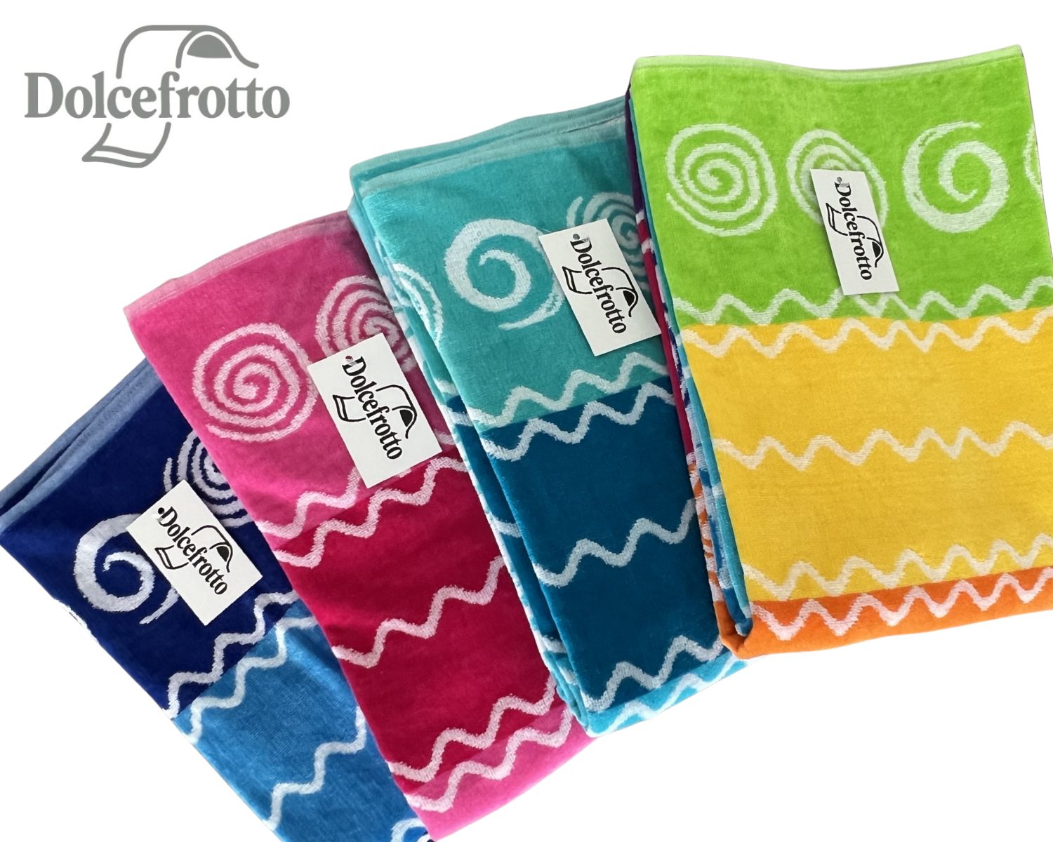 Pantelleria Kollektion – XXL Strandtücher mit Delfin- und Streifendesign in Pink, Navy, Türkis und Regenbogen, alle Varianten auf einen Blick, Dolcefrotto