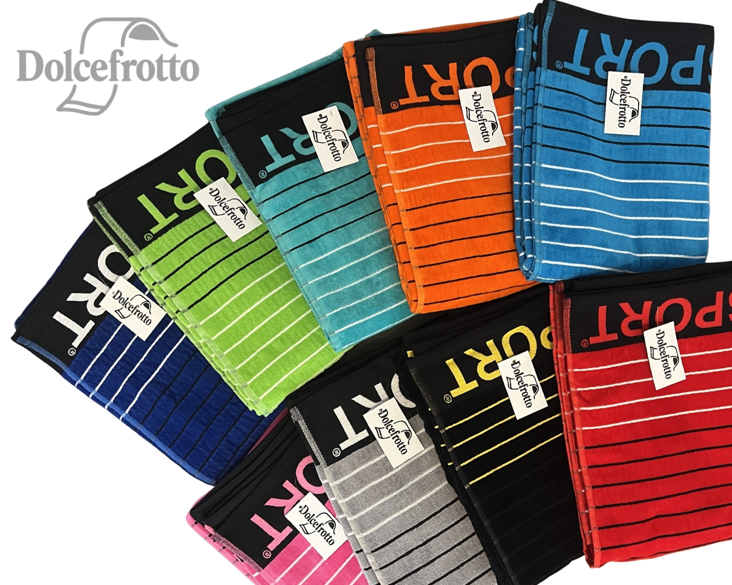 Sport Kollektion – XXL Strandtücher mit sportlichem Schriftzug in Grün, Orange, Hellblau, Türkis, Pink, Rot, Grau, Navy und Schwarz, alle Varianten auf einen Blick, Dolcefrotto